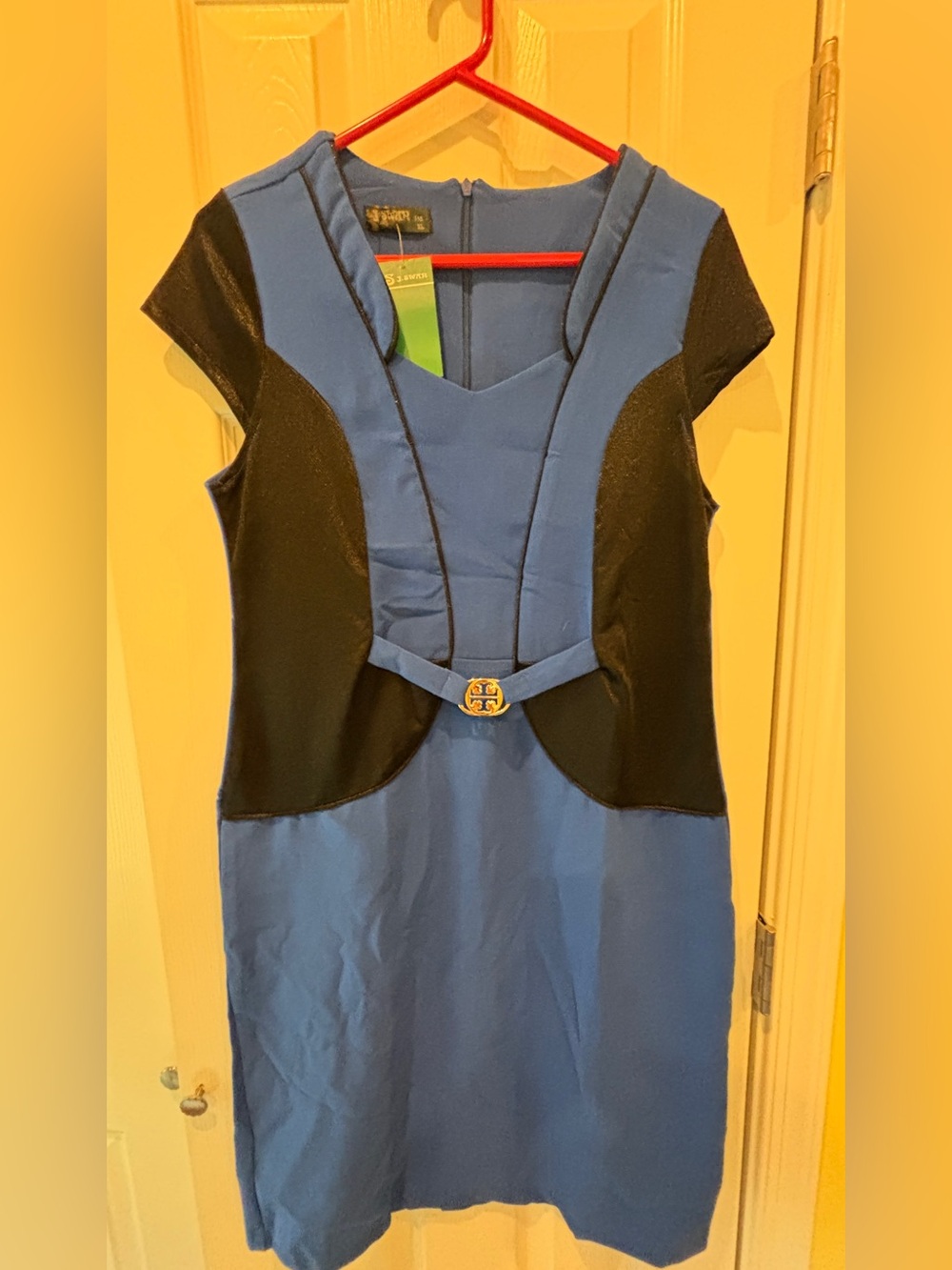 Blue & Black Sheath Dress with Decorative Logo Accent